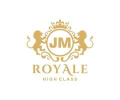 Golden Letter JM template logo Luxury gold letter with crown. Monogram alphabet . Beautiful royal initials letter. vector