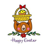 Color vector illustration for Easter. bear with a basket and festive kulish on a white background