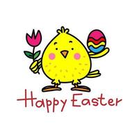 Colored vector illustration of a chick with an egg and a flower for the holiday of easter