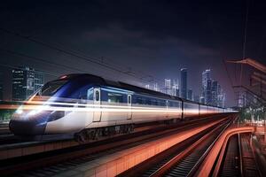 Modern high speed train at night. Fast train in city with motion blur effect, Public transport. Railway transportation. Created with photo