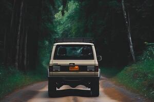 cuatro rueda conducir suv es conducción en lodoso la carretera en selva. todoterreno en safari. creado con generativo ai foto