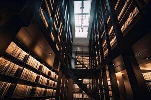 Interior of library with many bookshelves. Rows of cabinets with old books in library. Knowledge and education. Created with Generative AI photo