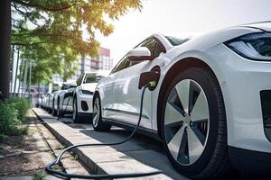 eléctrico coche a cargando estación con atascado poder cable. ev vehículo en ciudad. creado con generativo ai foto