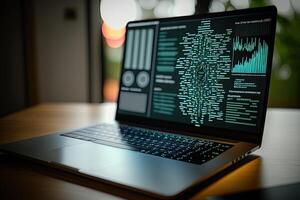 Digital data and network connection on laptop screen. Big data analysis. Network information and data protection concept. Created with photo