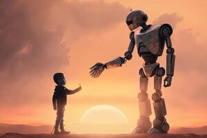 Giant robot and child walking together at sunset. Best friends. Friendship between artificial intelligence and people. Created with photo