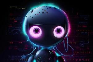 Visualization of robot assistant or chat bot on web site. Cute robot with big eyes on dark background. Created with photo