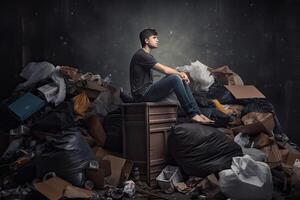 Mam sitting on top of huge dump with a lot of plastic waste and various used garbage. Environmental pollution concept. Created with photo