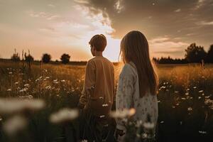 Boy and girl walking at blooming field in sunset. Silhouettes of children against beautiful landscape. Romantic feelings and emotions of couple. Created with photo