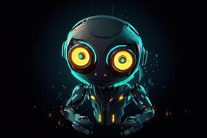 Visualization of robot assistant or chat bot on web site. Cute robot with big eyes on dark background. Created with Generative AI photo
