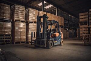 Forklift for loading pallets with packages in warehouse interior. Commercial distribution warehouse with shelves and boxes. Created with photo