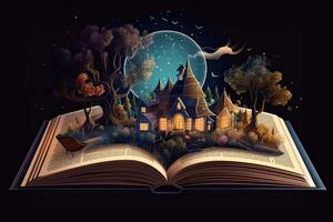 Open magical book with fantasy landscape over pages. Created with photo