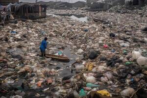 Mam standing in a huge dump with a lot of plastic waste and various used garbage. Environmental pollution concept. Created with photo