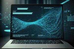 Digital data and network connection on laptop screen. Big data analysis. Network information and data protection concept. Created with photo