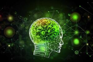 Visualizatipon of human consciousness in artificial intelligence, process of thinking robot. Humanoid android on dark background with neurals connection. Created with photo