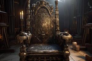 Empty royal throne in dark castle hall. Fantasy medieval throne for king. Created with photo