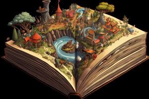 Open magical book with fantasy landscape over pages. Created with photo