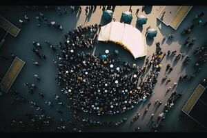 protestando multitud a ciudad calle. protestando personas de marcha a ciudad. social problemas en sociedad, dificil para derechos. protesta activistas multitud con levantamiento puños y pancartas generativo ai foto