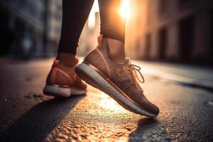 un niña corredor hace un Mañana correr en un ciudad calle. zapatilla de deporte Zapatos de cerca. correr, correr, bienestar, aptitud física, salud concepto.desenfocado y borroso antecedentes foto