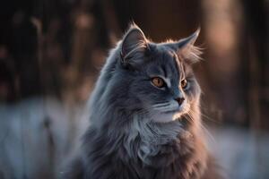 Fluffy grey cat with yellow eyes in a winter sunset. . photo