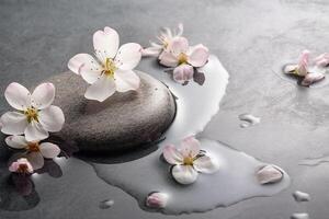 Beautiful flowers on a rock in a water. Spa image. Generated ai. photo