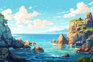 Anime style idyllic beautiful seascape of a bay surrounded by cliffs and rocks. . photo