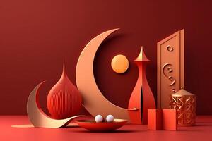 A 3D art of a mosque with a moon and stars on the Magenta color background. photo