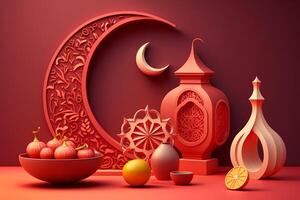 A 3D art of a mosque with a moon and stars on the magenta Color background. photo