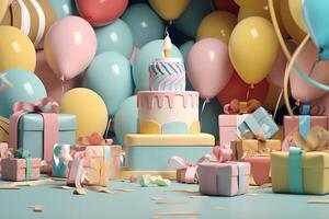 contento cumpleaños a usted diseño antecedentes con pastel y velas decoración y globo ai generado foto