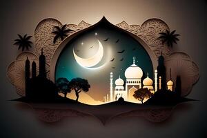 Ramadán kareem mezquita islámico saludos hermosa noche y Luna diseño antecedentes y ilustración. ai generado foto