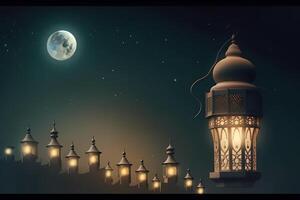 Ramadán kareem mezquita islámico saludos hermosa noche y Luna diseño antecedentes. ai generado foto