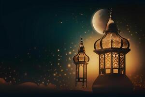 Ramadán kareem mezquita islámico saludos hermosa noche y Luna diseño antecedentes. ai generado foto