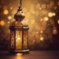 Ramadan kareem Islamic greetings design background with beautiful Night light bokeh effect. photo