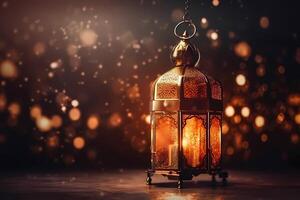 Ramadan kareem Islamic greetings design background with beautiful Night light bokeh effect. photo