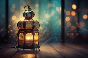 Ramadan kareem Islamic greetings design background with beautiful Night light bokeh effect. photo