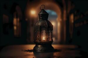 Ramadan kareem Islamic greetings design background with beautiful Night light bokeh effect. photo