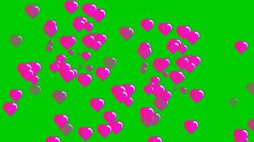 pink 3d hearts are dropping and spin down with green screen video