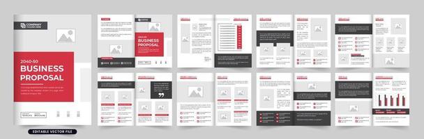 Corporate business overview and portfolio magazine template vector with red and dark colors. Company promotional brochure design with photo placeholders. Business profile and overview template.