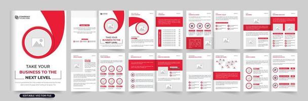 Modern business portfolio magazine template vector with abstract shapes. Minimal corporate brochure and annual report template design with red and dark colors. Company profile and catalogue vector.