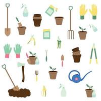 Garden tools set. Collection of objects and elements connected to gardening and farming. Vector illustration