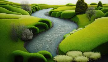 , cute farm landscape made of crochet with trees, river, green grass. Dreamy agricultural scene made of wool materials, fabric, yarn, sewing for background photo