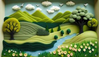 , cute farm landscape made of crochet with trees, river, green grass. Dreamy agricultural scene made of wool materials, fabric, yarn, sewing for background photo