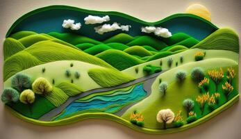 , cute farm landscape made of crochet with trees, river, green grass. Dreamy agricultural scene made of wool materials, fabric, yarn, sewing for background photo