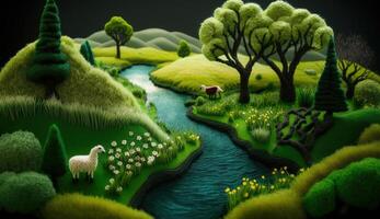 , cute farm landscape made of crochet with trees, river, green grass, farm animals. Dreamy agricultural scene made of wool materials, fabric, yarn, sewing for background photo