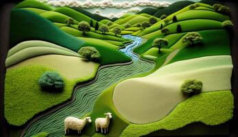 , cute farm landscape made of crochet with trees, river, green grass, farm animals. Dreamy agricultural scene made of wool materials, fabric, yarn, sewing for background photo