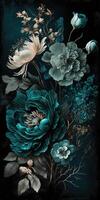 , Close up of blooming flowerbeds of amazing teal flowers on dark moody floral textured background. Vertical format. photo