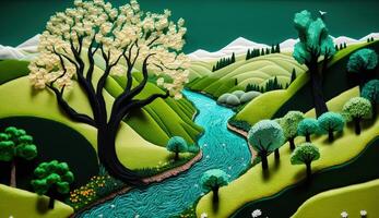 , cute farm landscape made of crochet with trees, river, green grass. Dreamy agricultural scene made of wool materials, fabric, yarn, sewing for background photo