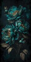 , Close up of blooming flowerbeds of amazing teal flowers on dark moody floral textured background. Vertical format. photo