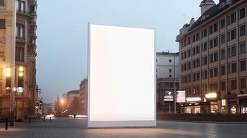 generativo ai, realista calle grande cartelera burlarse de arriba blanco para presentación publicidad. al aire libre firmar blanco en el futurista ciudad, negocio concepto foto