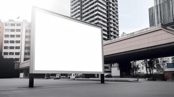 generativo ai, realista calle grande cartelera burlarse de arriba blanco para presentación publicidad. al aire libre firmar blanco en el futurista ciudad, negocio concepto foto