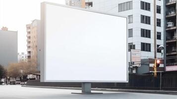 generativo ai, realista calle grande cartelera burlarse de arriba blanco para presentación publicidad. al aire libre firmar blanco en el futurista ciudad, negocio concepto foto